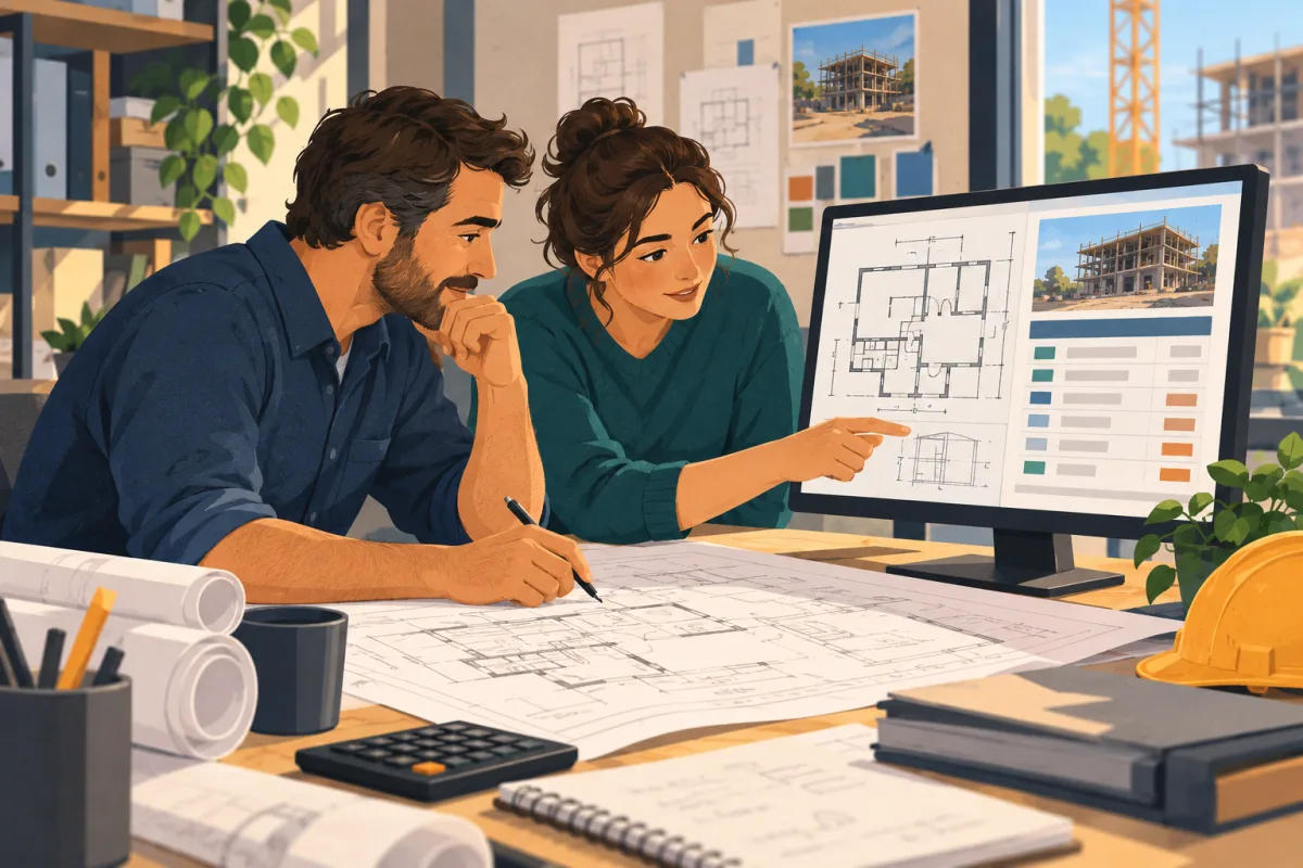 Estimators reviewing architectural plans and a draft estimate on a computer