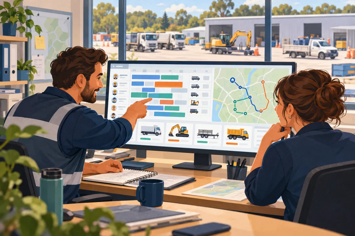 Operations coordinators reviewing job schedules and routes in a dispatch office